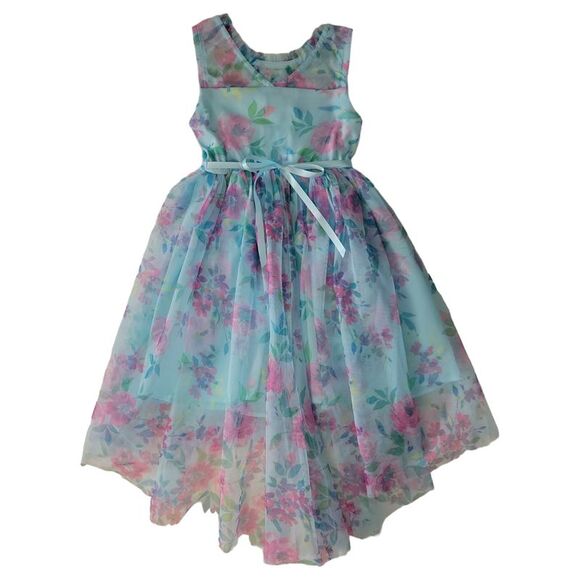 Zunie Girl Occasion Knee Length Lined Layered Sleeveless Dress - Turquoise Mesh - Picture 2 of 2